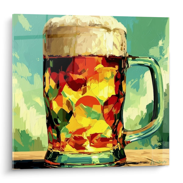 Cuadro de Jarras Rojas y Amarillas con Asa Verde - Fondo Turquesa Foliado - Edición Cerveza