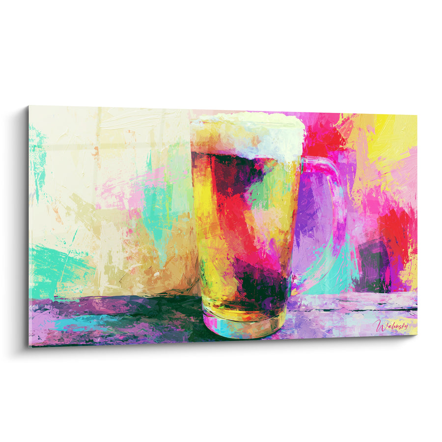 Tableau Chope rose et jaune à mousse blanche - Fond turquoise éclaté - Edition Bière