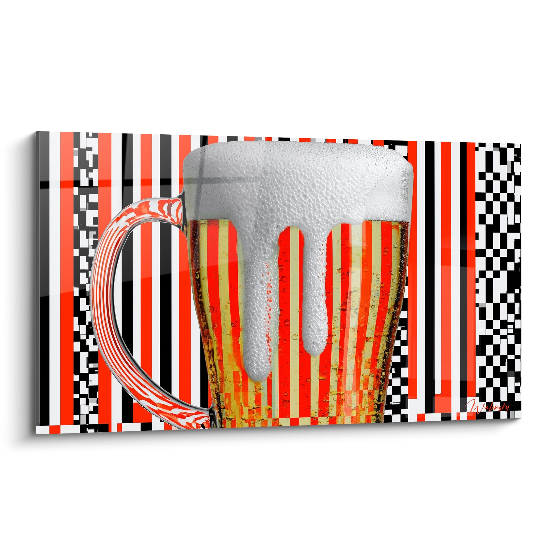 Chope de bière débordante rouge et dorée sur fond quadrillé noir et blanc pop art