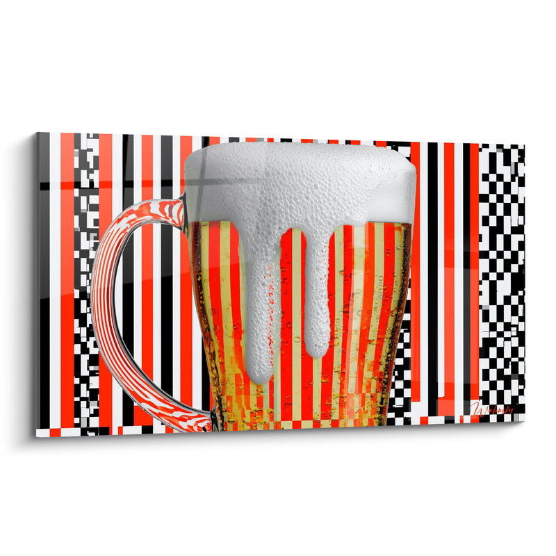 Tableau Chope orange et noire mousse débordante - Motif à damiers - Edition Bière