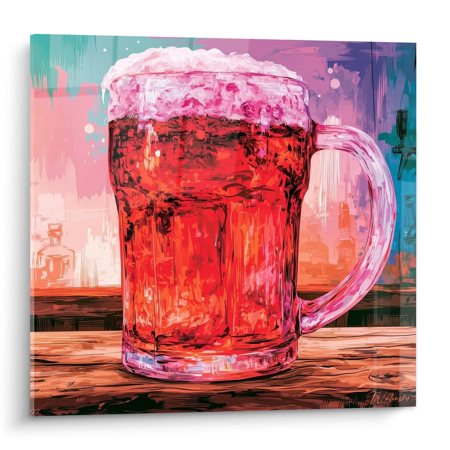 Tableau Chope rouge et rose mousse débordante - Pause au comptoir - Edition Bière