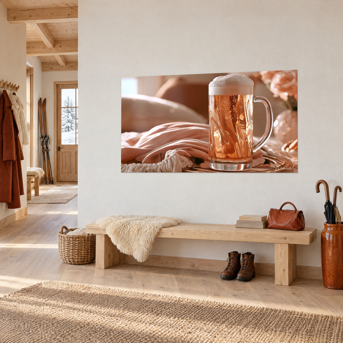 Tableau chope à anse transparente pleine de blonde dorée, écharpe saumon à franges, pivoines roses, banc en bois clair d'un chalet
