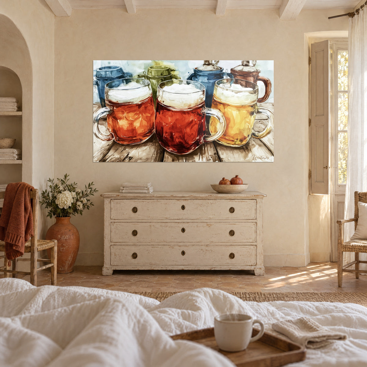 Wall art amber and red beer mugs, white foam, blue and green pitchers, above a bed in a bright bedroom