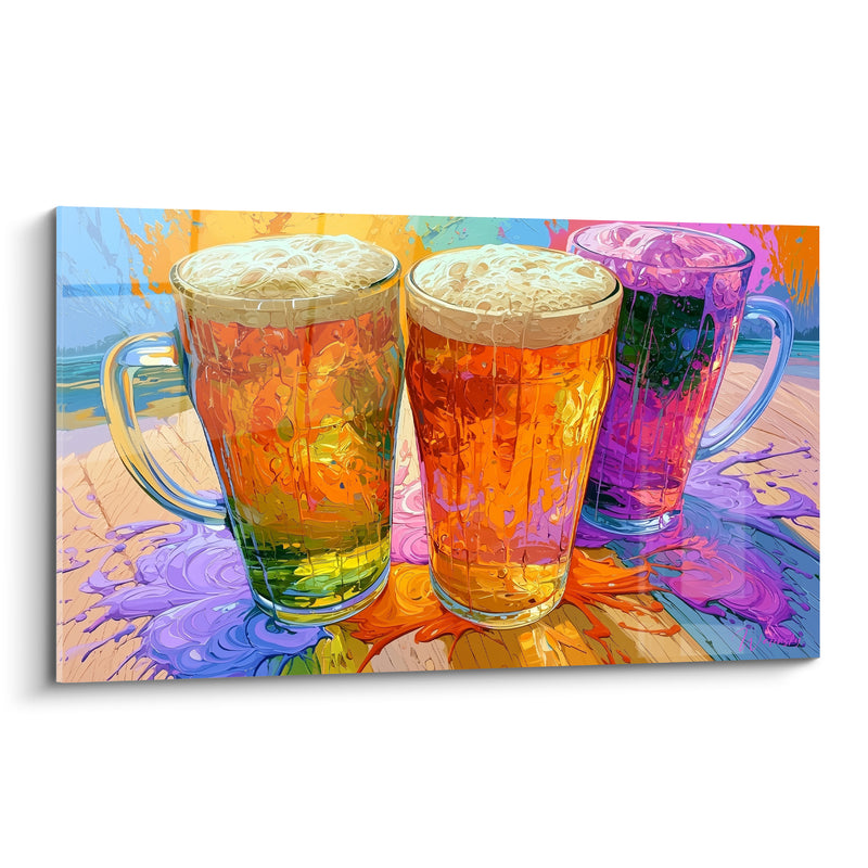 Tableau Trois chopes orange et violettes sur table éclaboussée - Plage en arrière-plan - Edition Bière