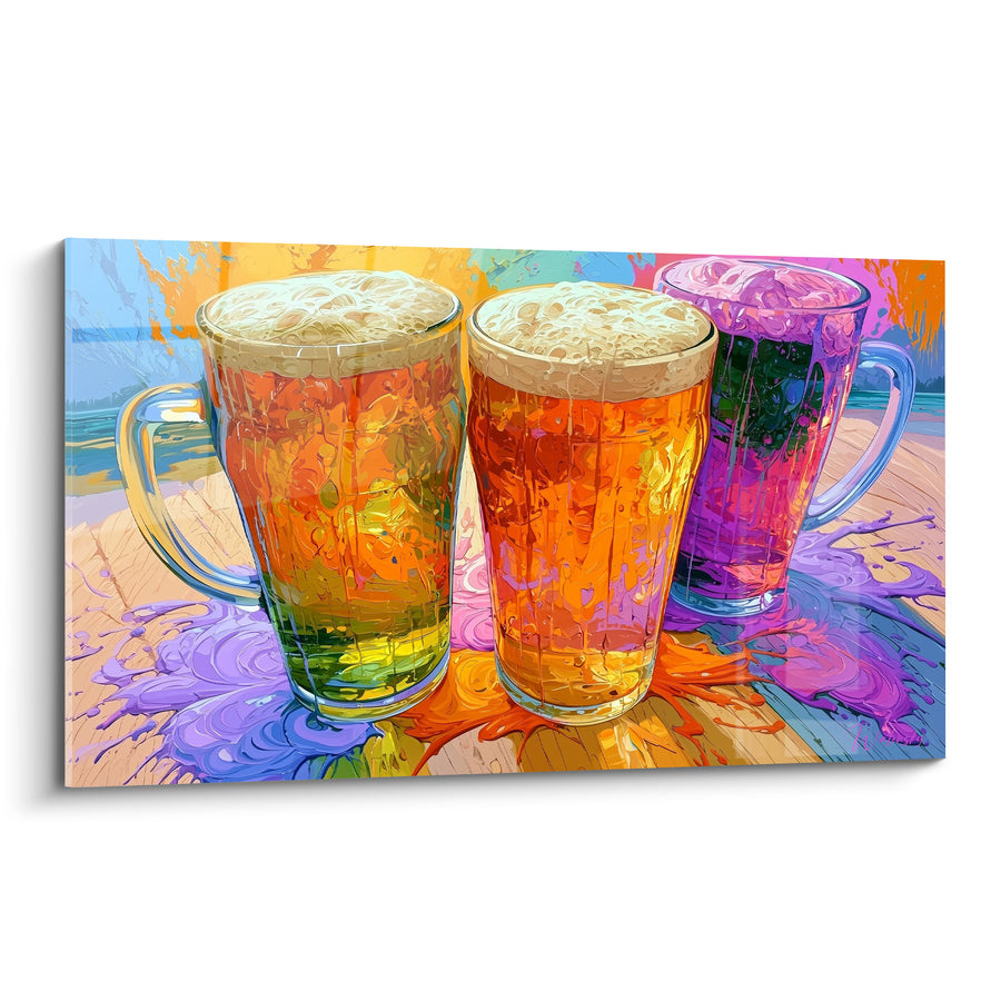 Tableau Trois chopes orange et violettes sur table éclaboussée - Plage en arrière-plan - Edition Bière