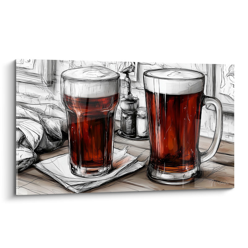 Tableau Deux chopes brunes et blanches sur serviette - Croquis au trait fin - Edition Bière