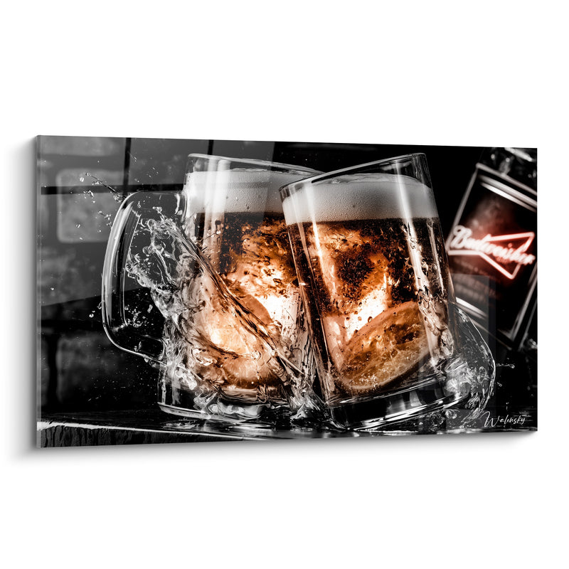 Tableau Chopes ambrées et noires éclaboussant l'eau - Enseigne néon rouge - Edition Bière