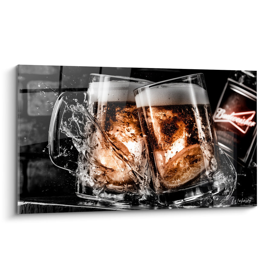 Tableau Chopes ambrées et noires éclaboussant l'eau - Enseigne néon rouge - Edition Bière