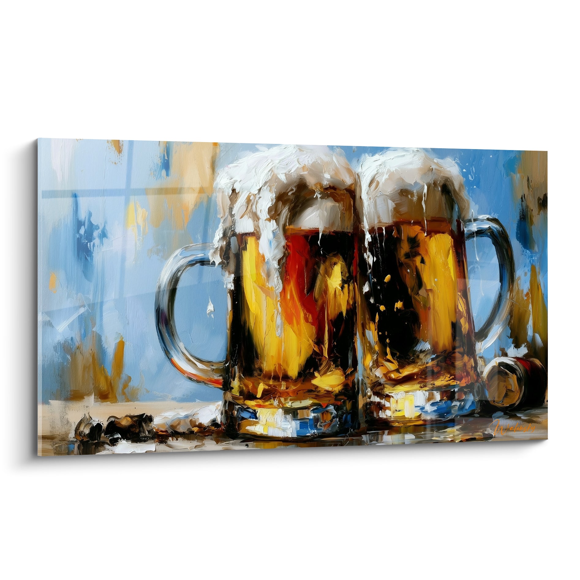 Chopes de bière ambrées à mousse blanche débordante sur fond bleu pastel, style peinture au couteau
