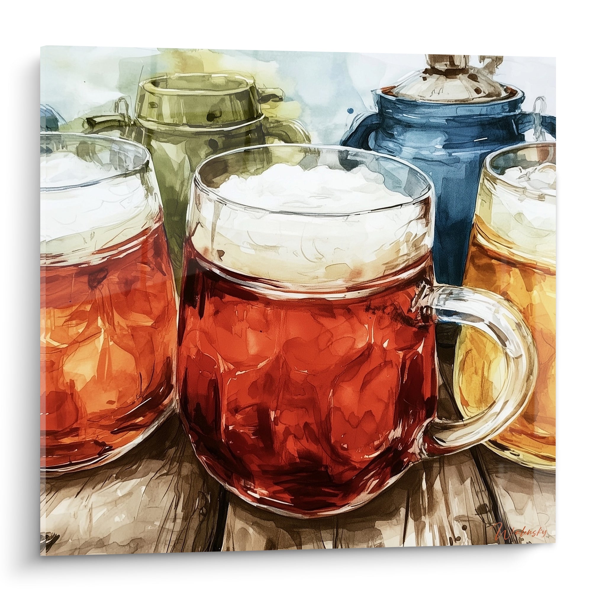 Chopes de bière ambrées et mousse blanche crémeuse sur bois brut, style aquarelle vive
