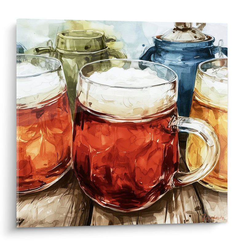 Tableau Chope rouge et ambrée sur table en bois - Cruches vertes et bleues - Edition Bière