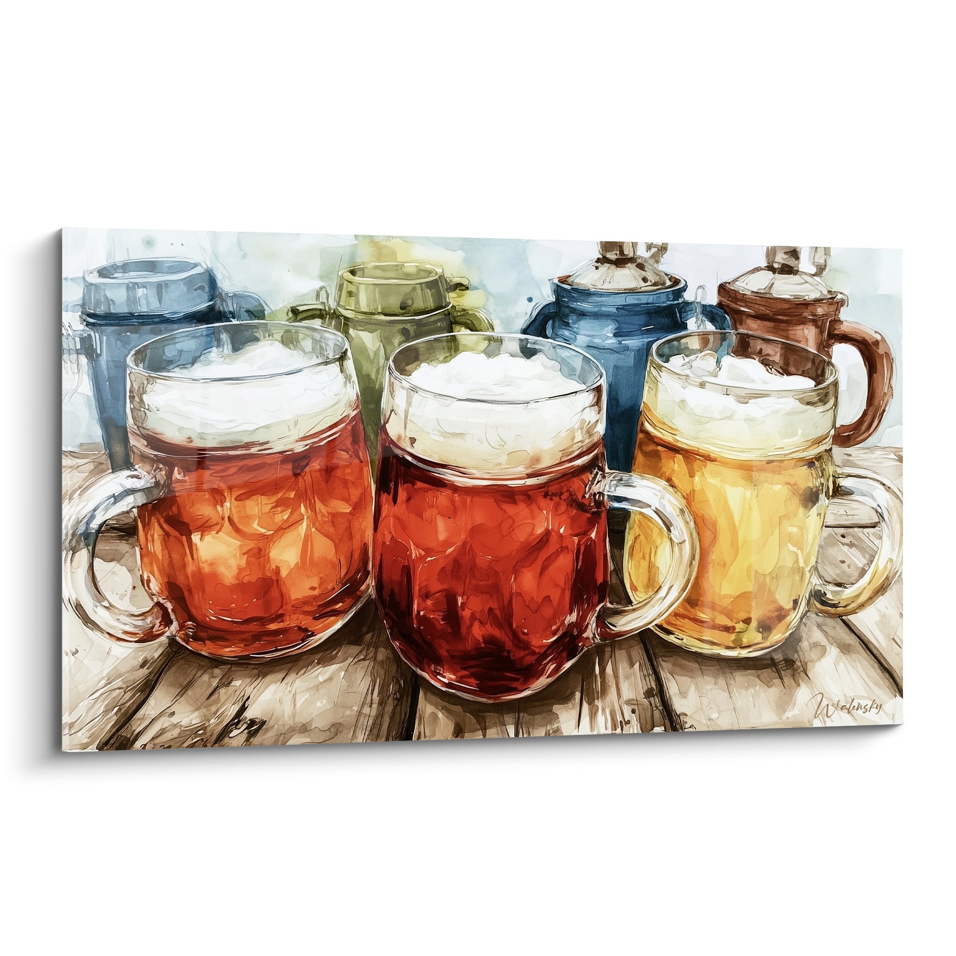 Trois chopes de bière ambrée, rousse et dorée moussantes sur une table en bois brut