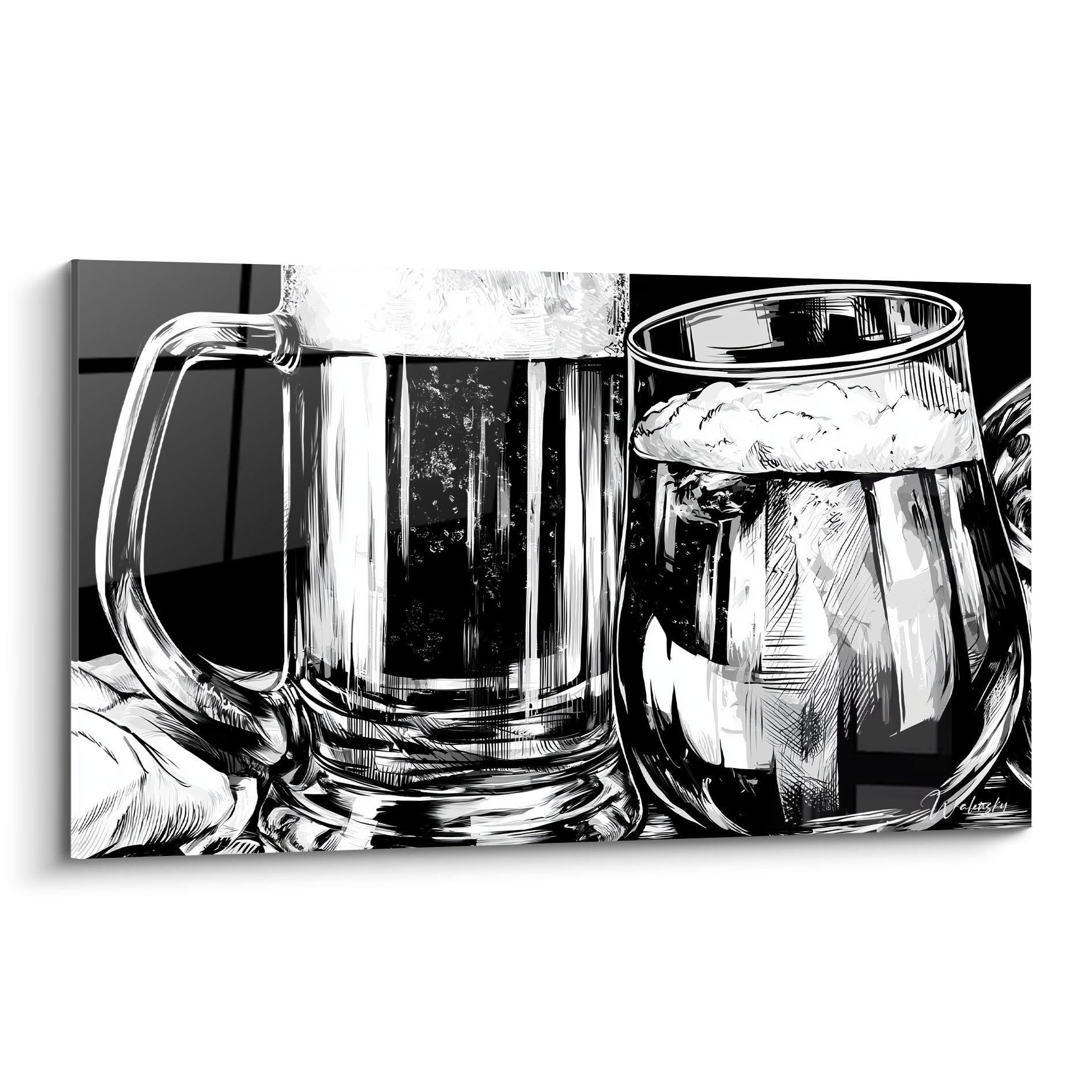 Deux chopes de bière moussantes en noir et blanc, style croquis à l'encre graphique