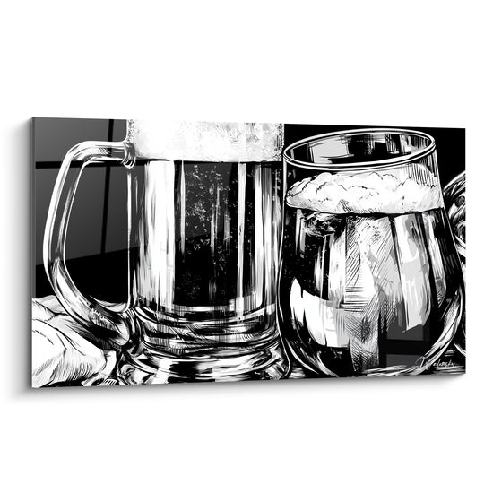 Deux chopes de bière moussantes en noir et blanc, style croquis à l'encre graphique