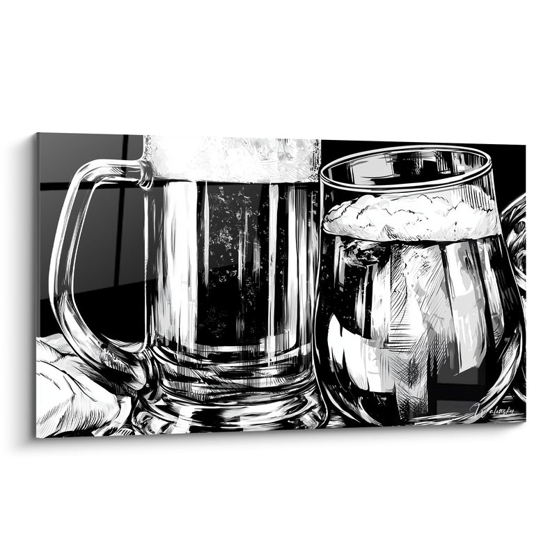 Tableau Chopes noires et blanches à l'encre gravée - Duo de chopes en anse - Edition Bière