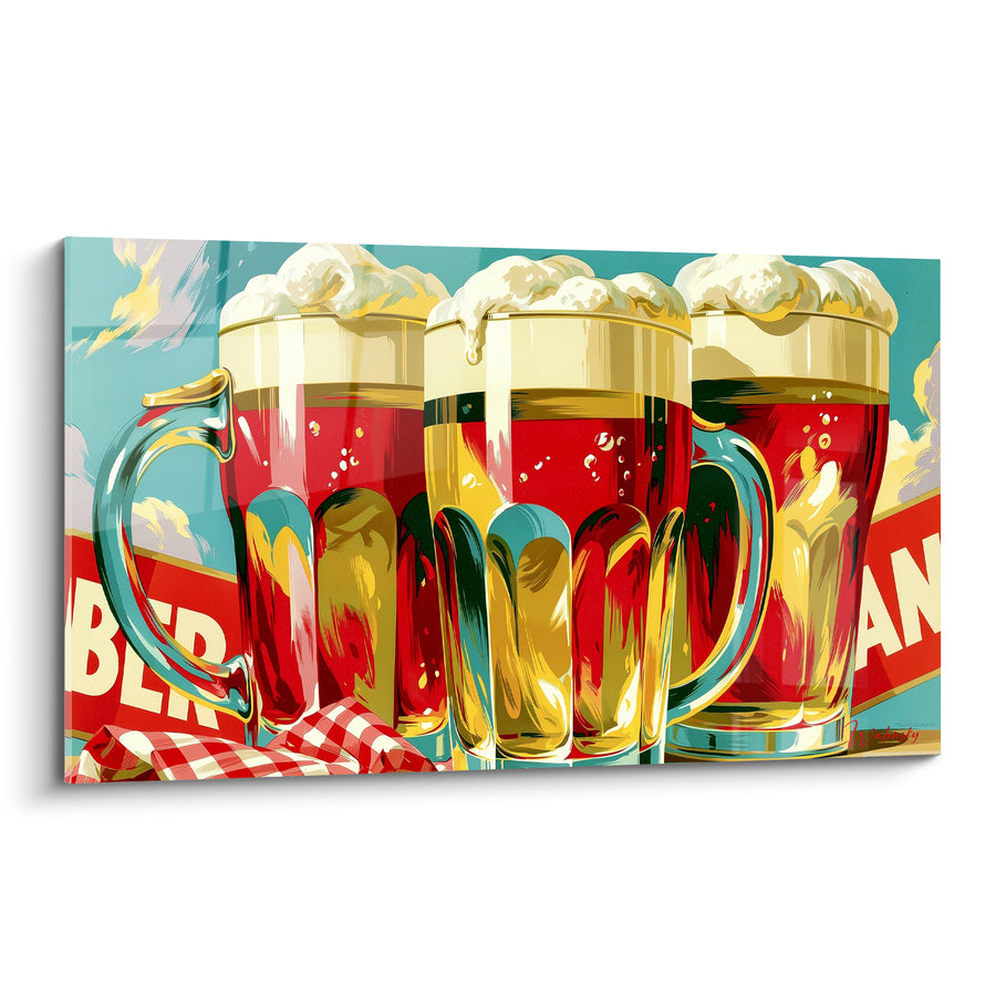 Tableau Chopes de bière dorées et turquoise mousseuses - Trinquons ensemble - Edition Bière