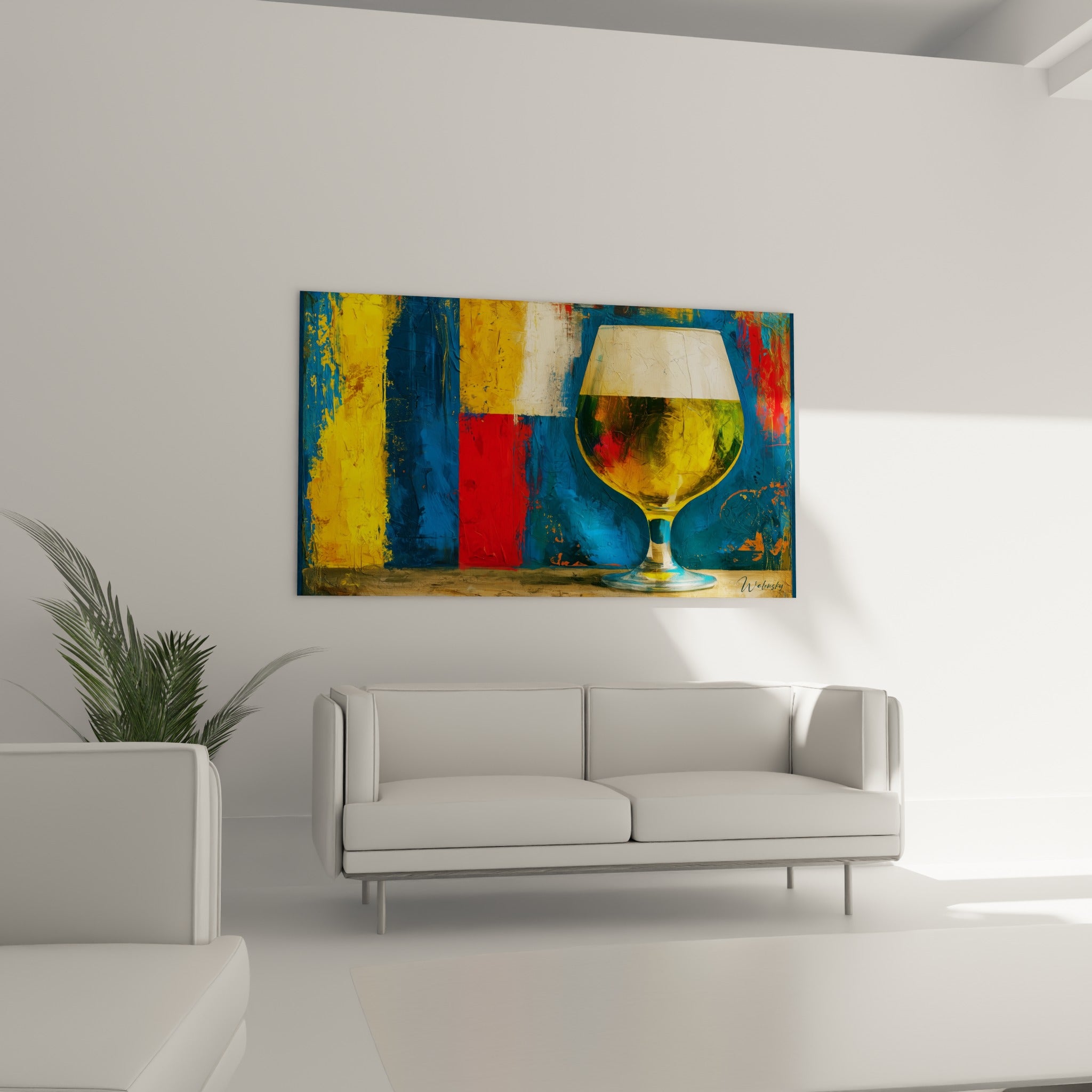 Blocs de couleurs jaune et bleu entourant un verre à bière doré, installé au-dessus d'un canapé dans un salon lumineux