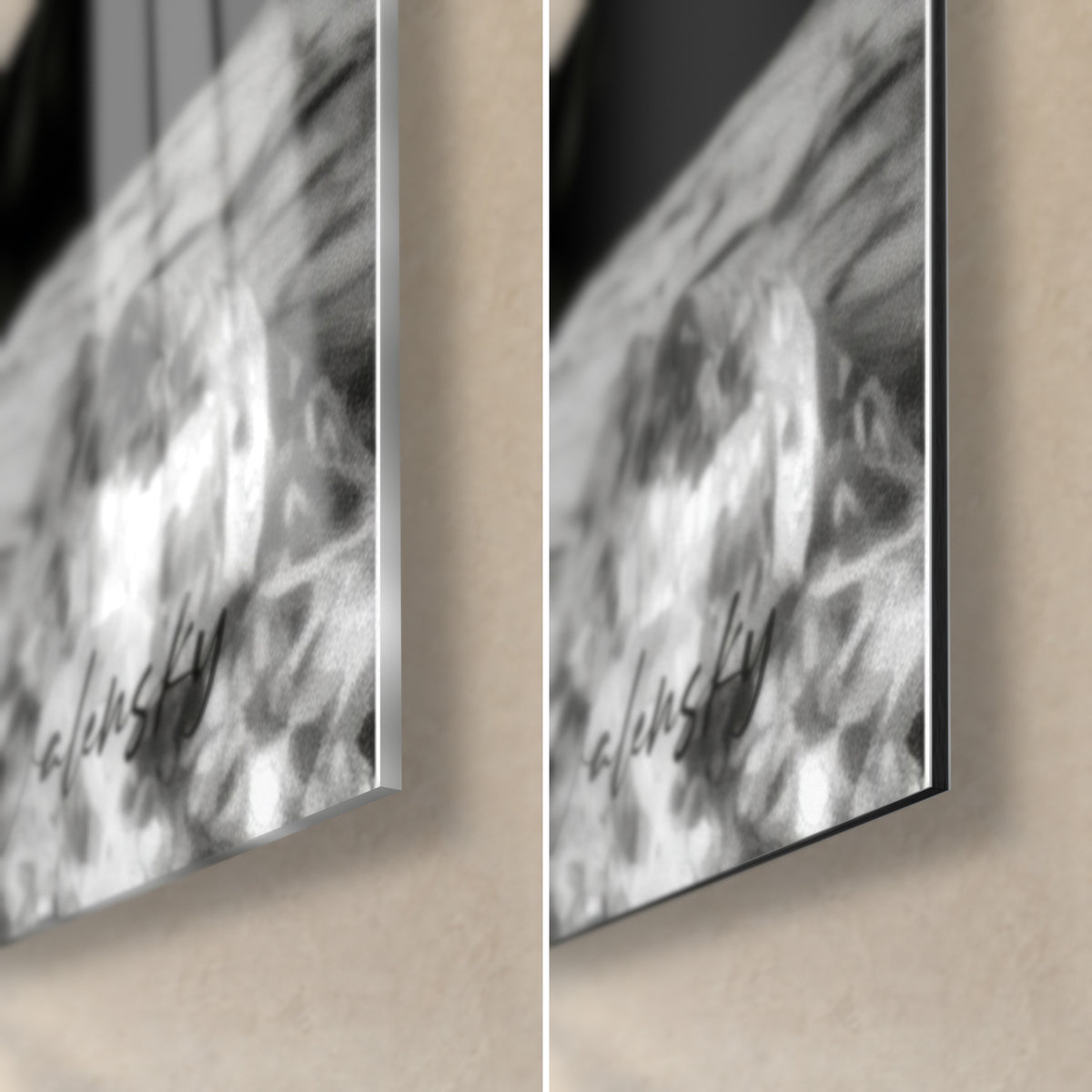 Tableau bière ambrée et glaçons givrés, coin bas droit : verre acrylique brillant à gauche, alu Dibond noir mat à droite, tranche de 3 mm