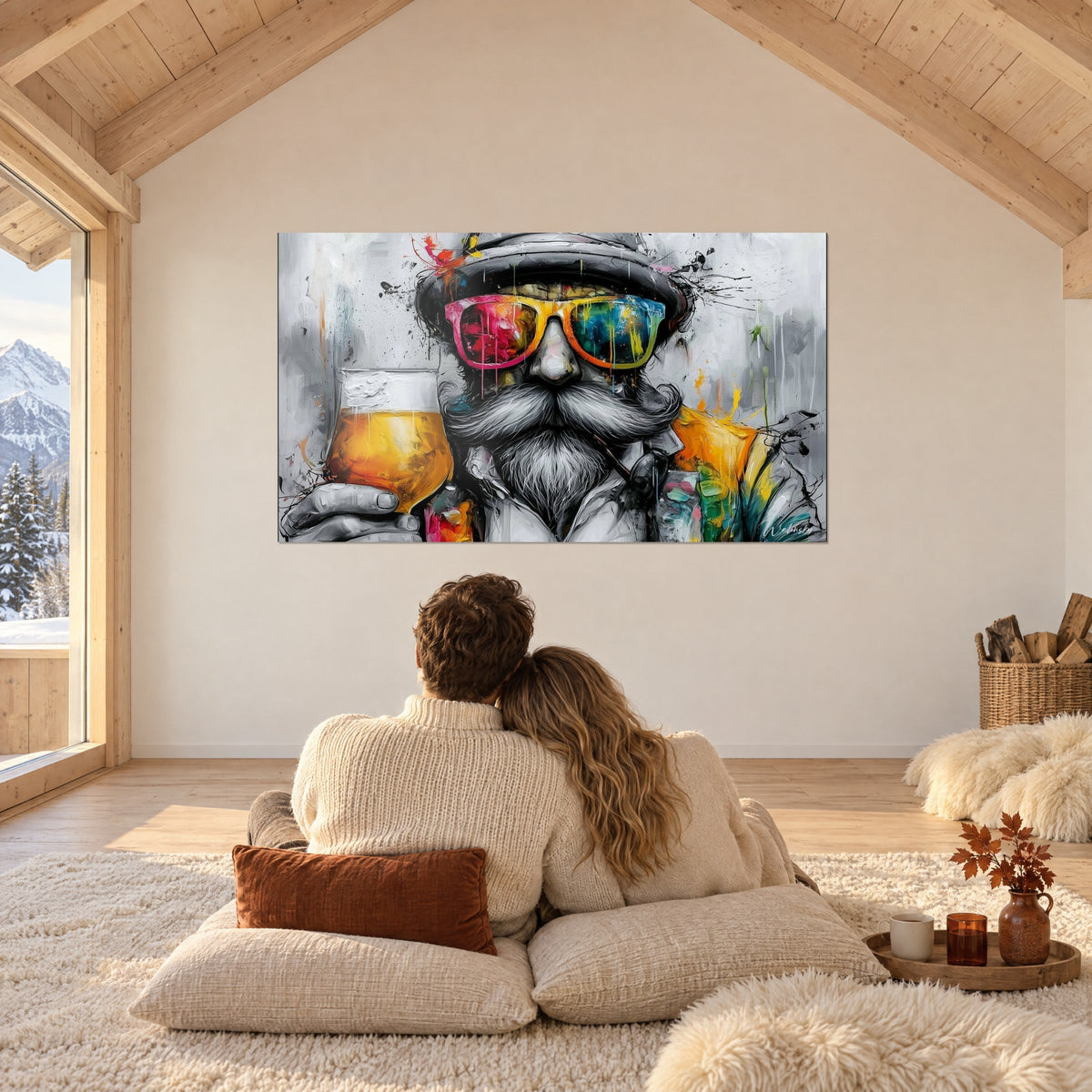 Quadro bevitore barbuto in bianco e nero schizzato di giallo e turchese, bicchiere alzato, sotto le travi di uno chalet di montagna
