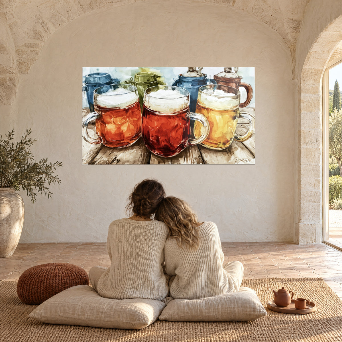 Wall art beer in watercolour, mugs in rust, honey and dark red tones, blue pitchers behind, couple seen from behind in a farmhouse