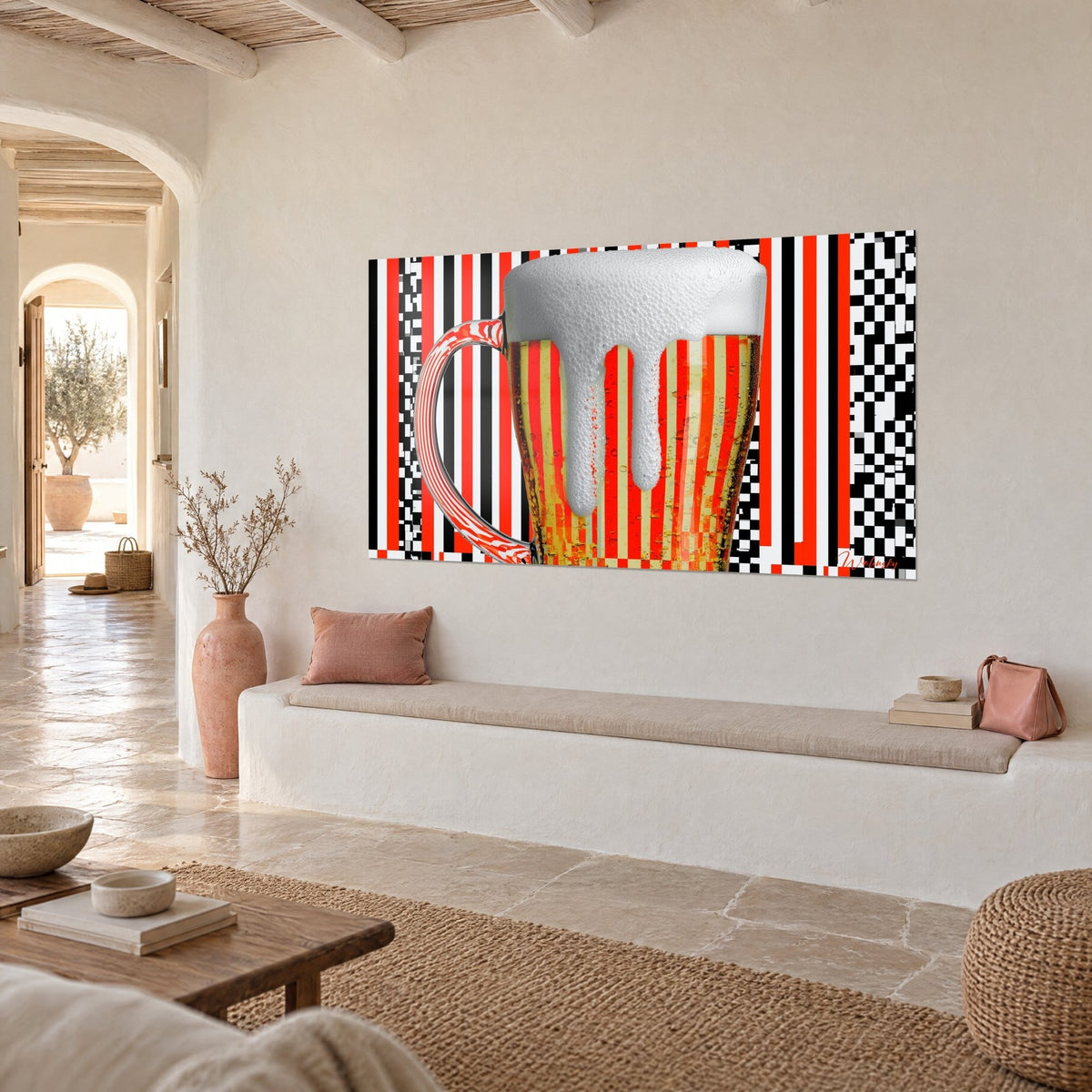 Wall art Snowy foam pouring over a golden glass, black and white checkered background, rendered wall of a Mediterranean house