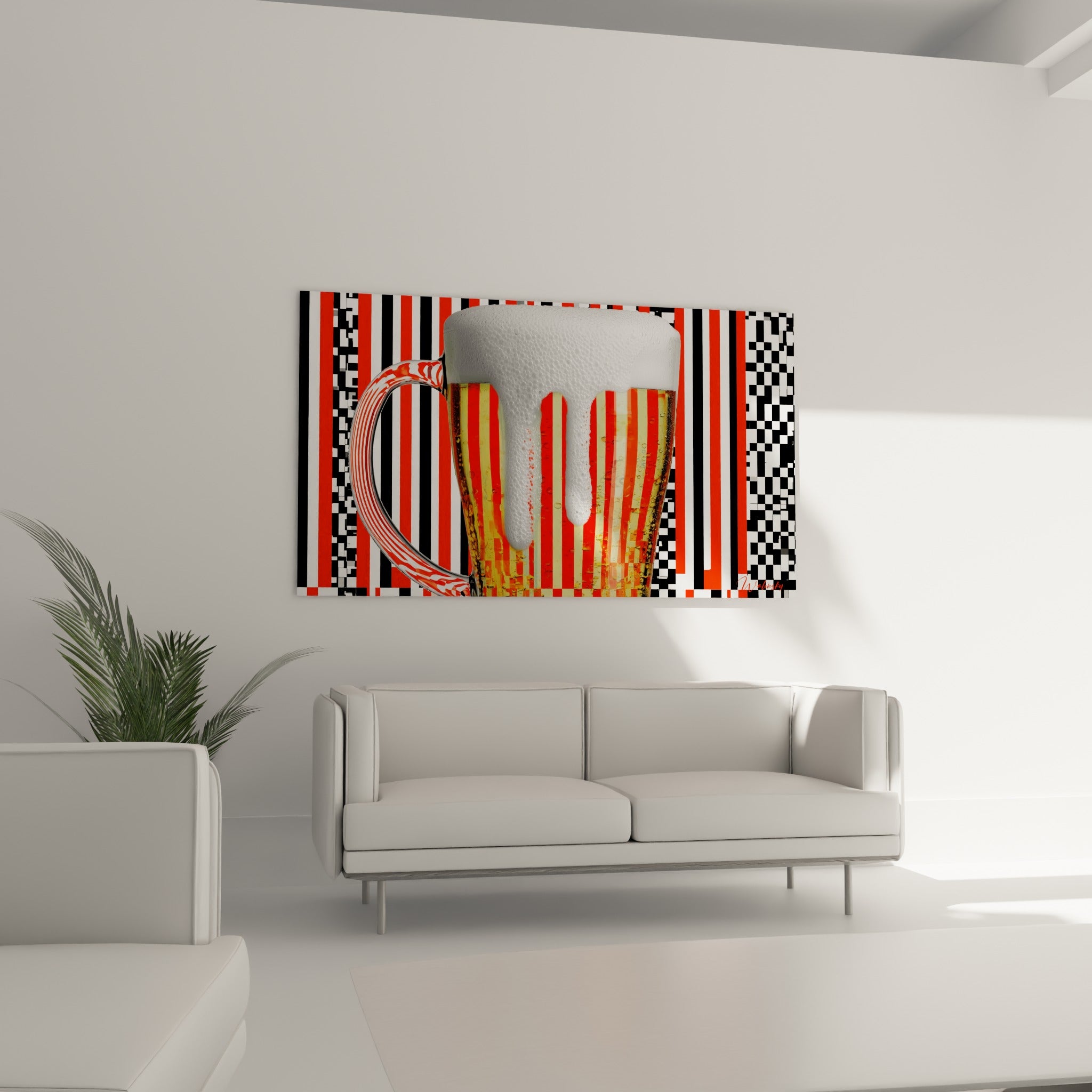 Verre de bière rayé rouge et beige déposé sur un fond damier, tableau au-dessus d'un canapé dans un salon lumineux