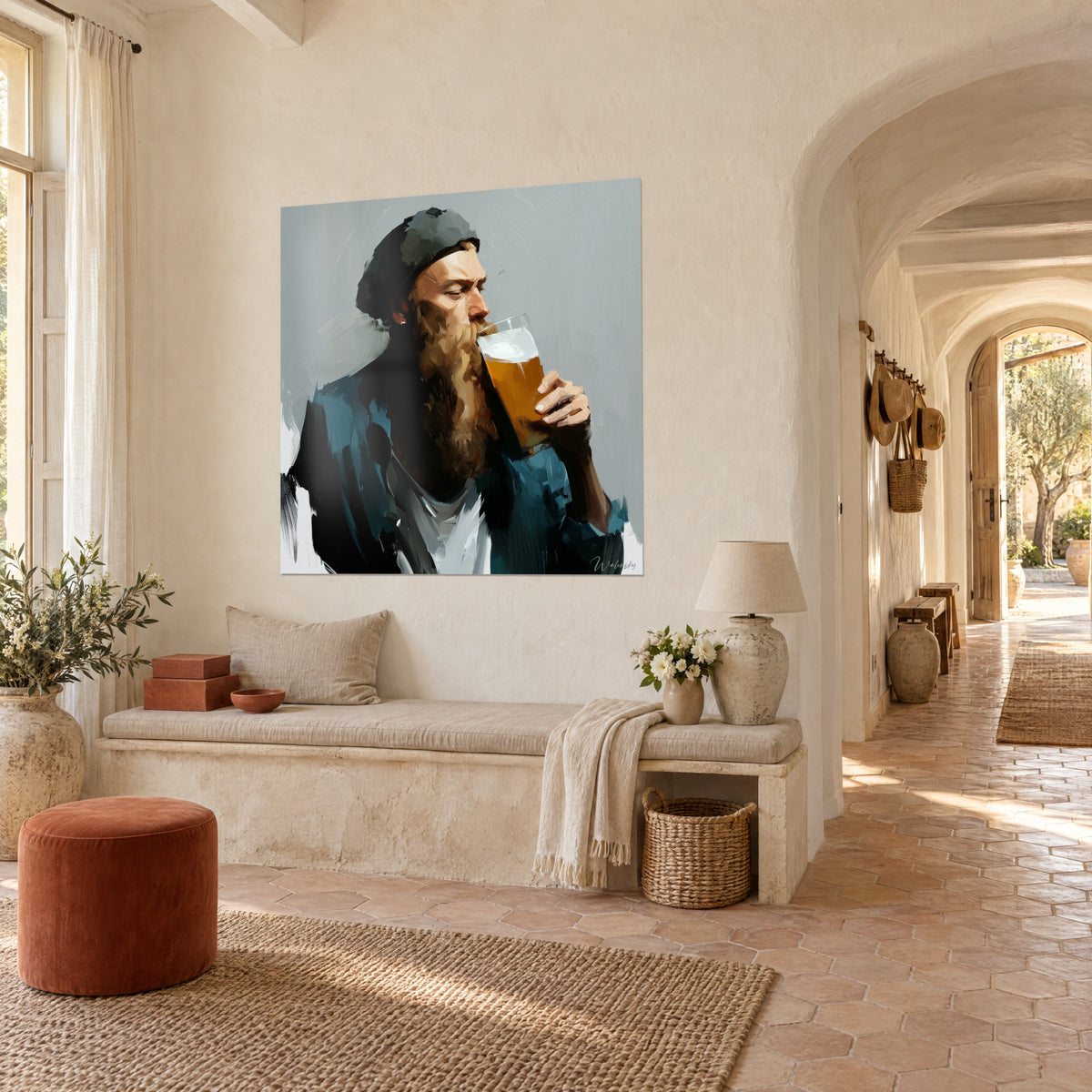 Wall art painted portrait of a bearded man in a black beanie savoring his golden beer, duck-blue jacket, pearl-grey background, Provençal farmhouse