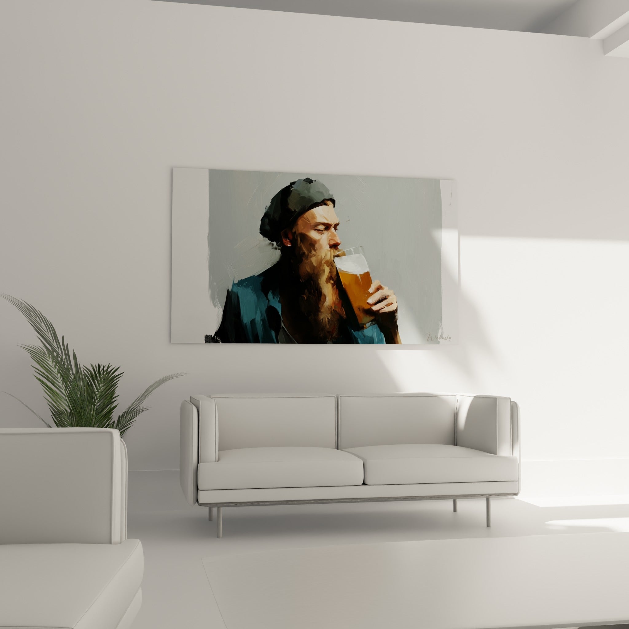 Personnage à la barbe ocre dégustant un verre de bière ambrée, au-dessus d'un canapé dans un salon lumineux
