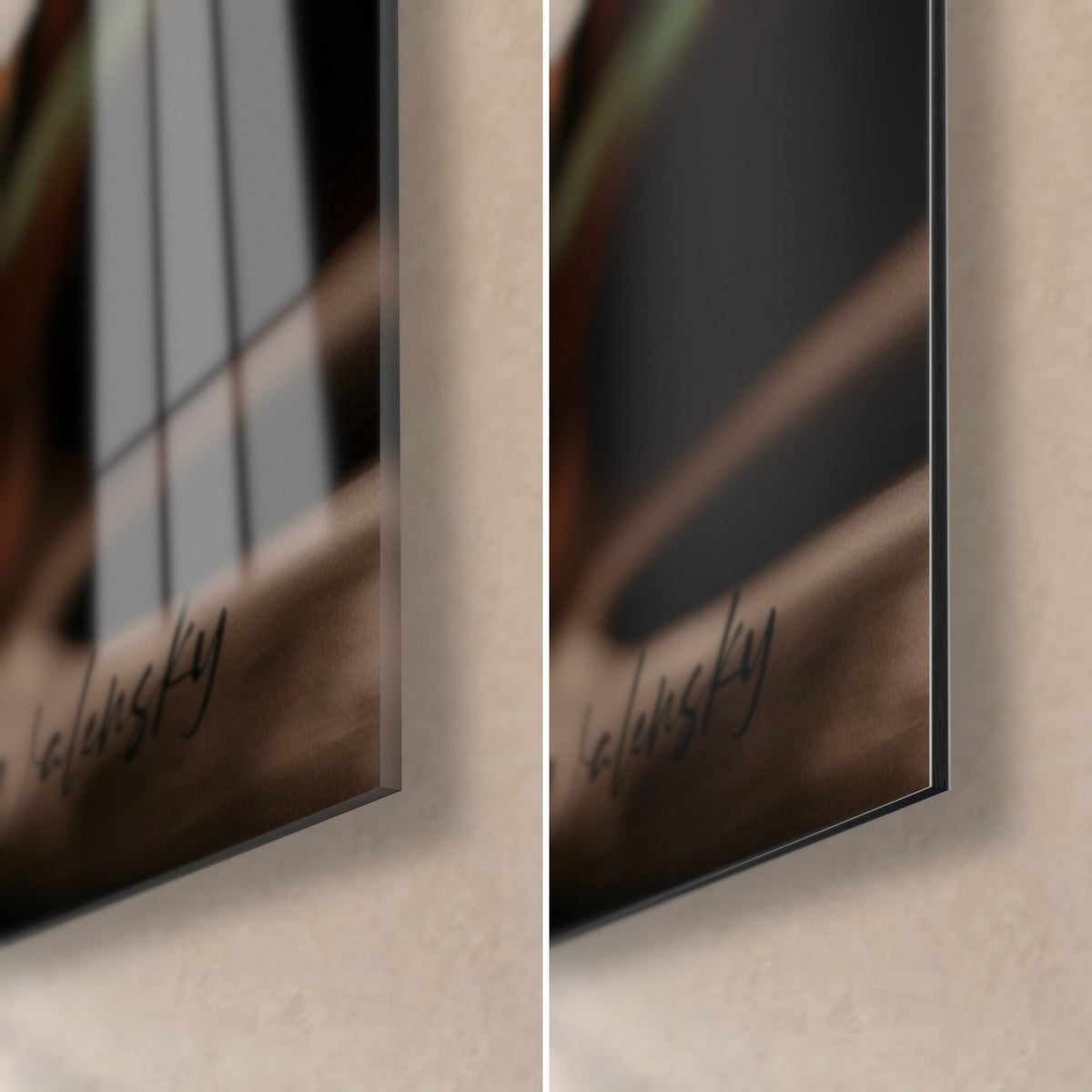 Schilderij vlammende bierpint, rechter onderhoek in glanzend acrylglas en mat zwart Dibond-aluminium, rand van 3 mm zichtbaar