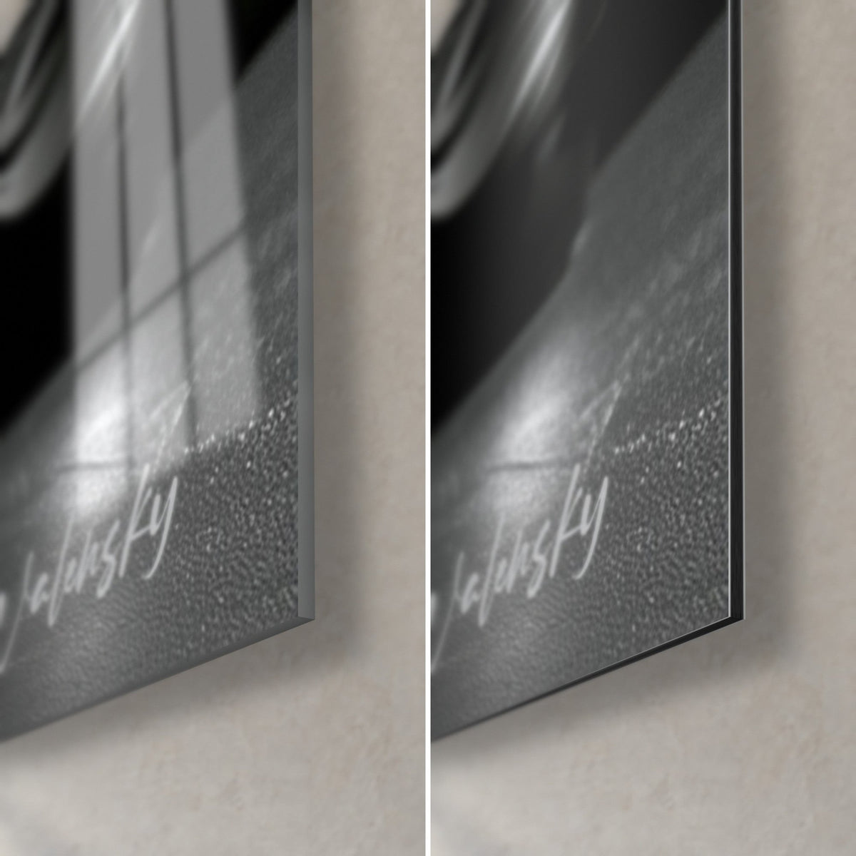 Gemälde Dose mit silberner Feder, untere rechte Ecke: glänzendes Acrylglas mit Reflexen links, mattgraues Dibond rechts, 3 mm Kante