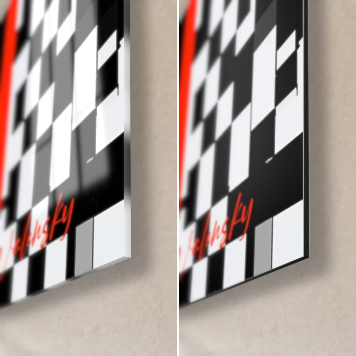 Wall art Striped orange and gold beer mug, bottom right corner: glossy acrylic glass on the left, matte black Dibond aluminum on the right, 3 mm edge