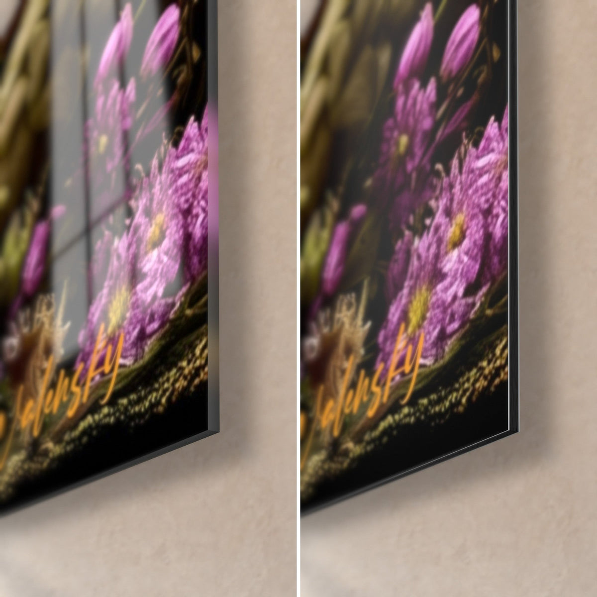 Wall art blonde beer with purple and golden flowers, bottom right corner: glossy acrylic glass on the left, matte Dibond on the right, 3 mm edge