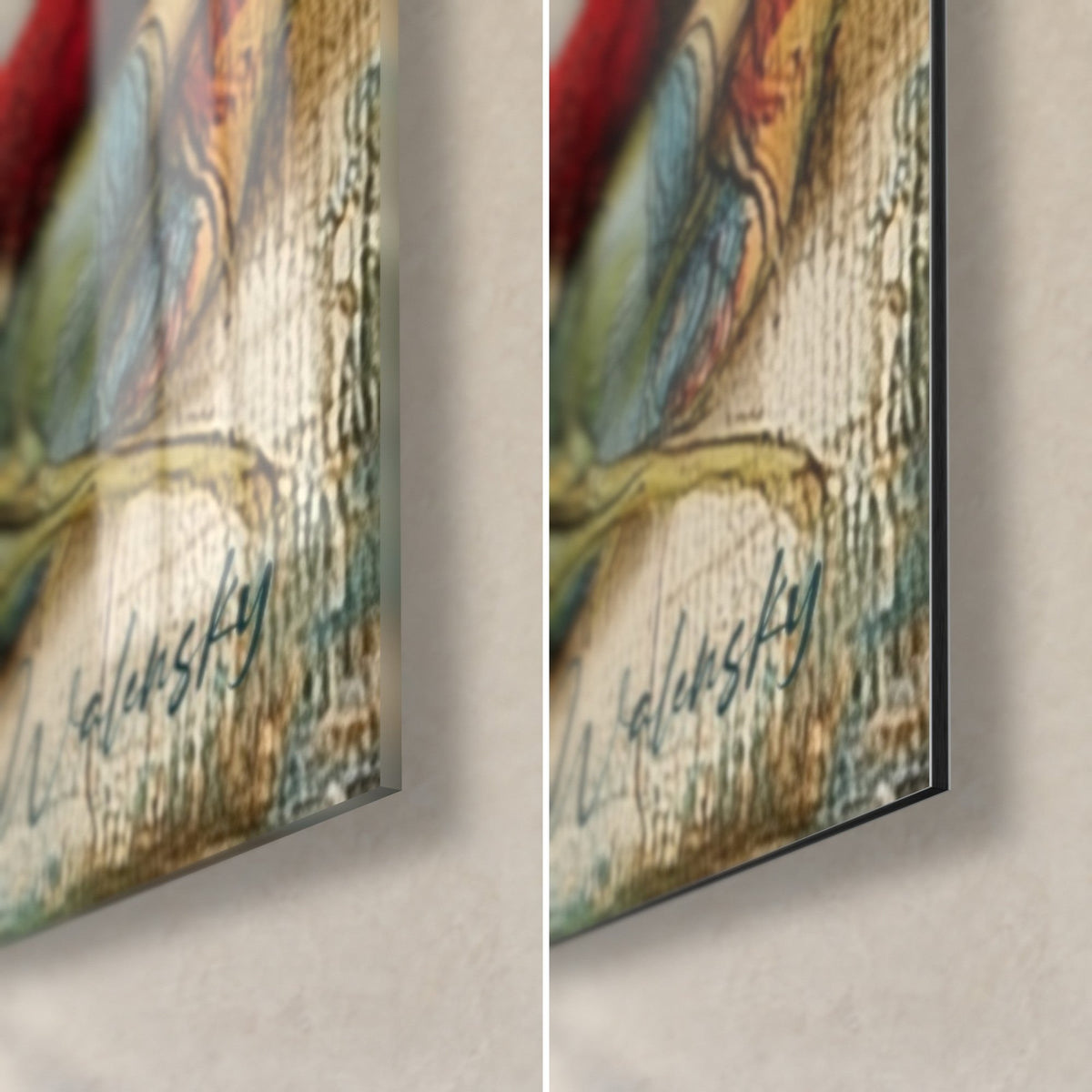Tableau bière blonde et bouteille bleu profond, coin bas droit avec signature, verre acrylique brillant et alu Dibond mat de 3 mm
