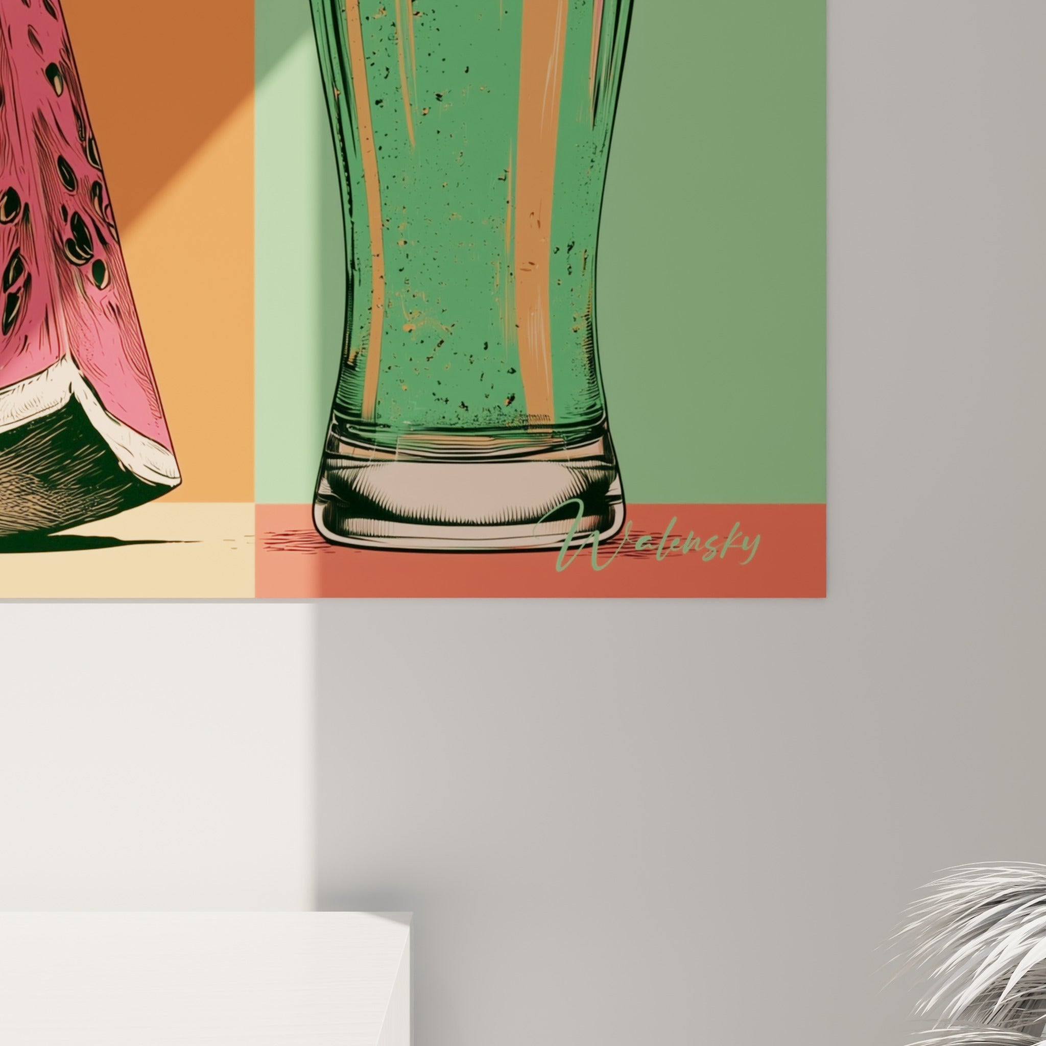 Détail du trait graphique et des mousses crémeuses orange et vert sur les verres illustrés