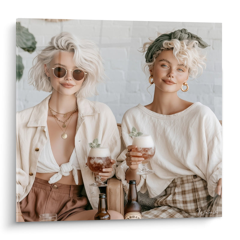 Tableau Deux amies aux verres ambrés garnis - Instant complice - Edition Bière