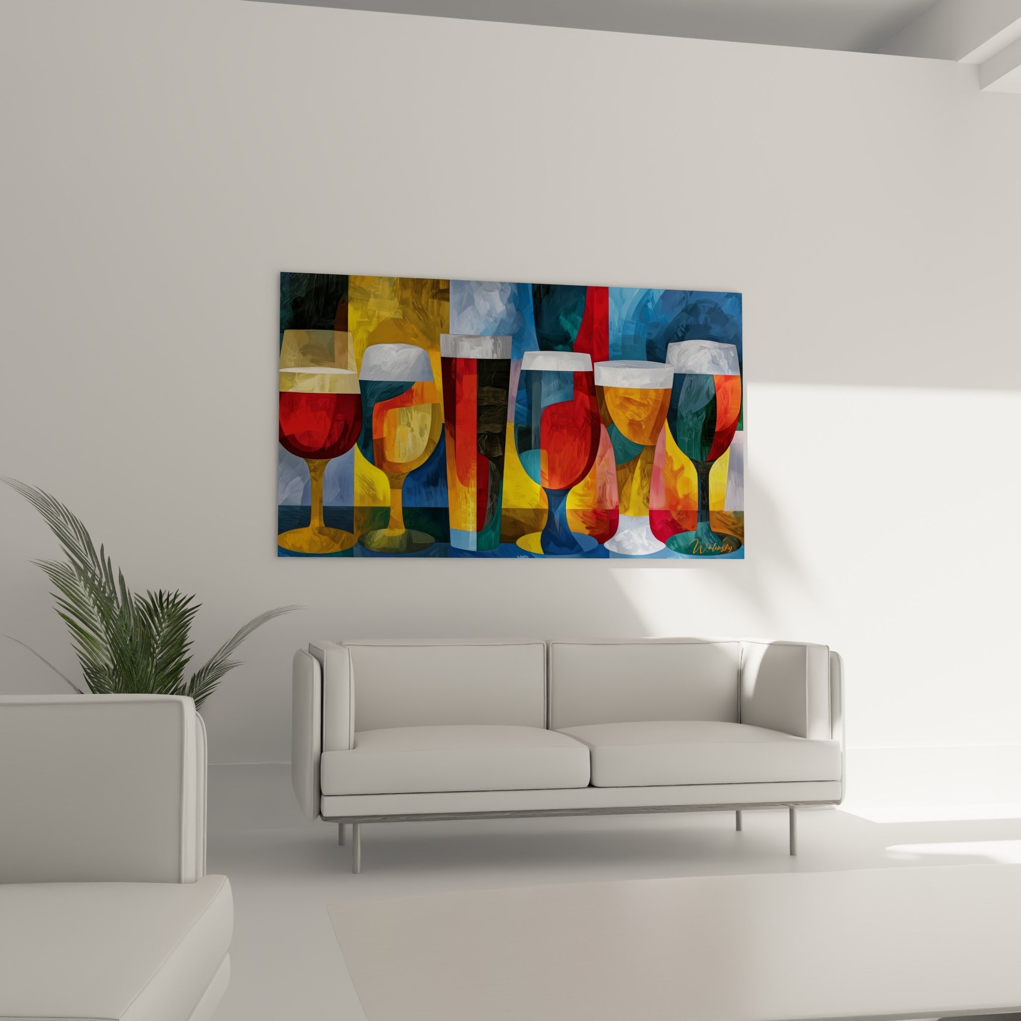 Rangée de verres de bière dorés et bleu nuit disposée au-dessus d'un canapé dans un salon lumineux