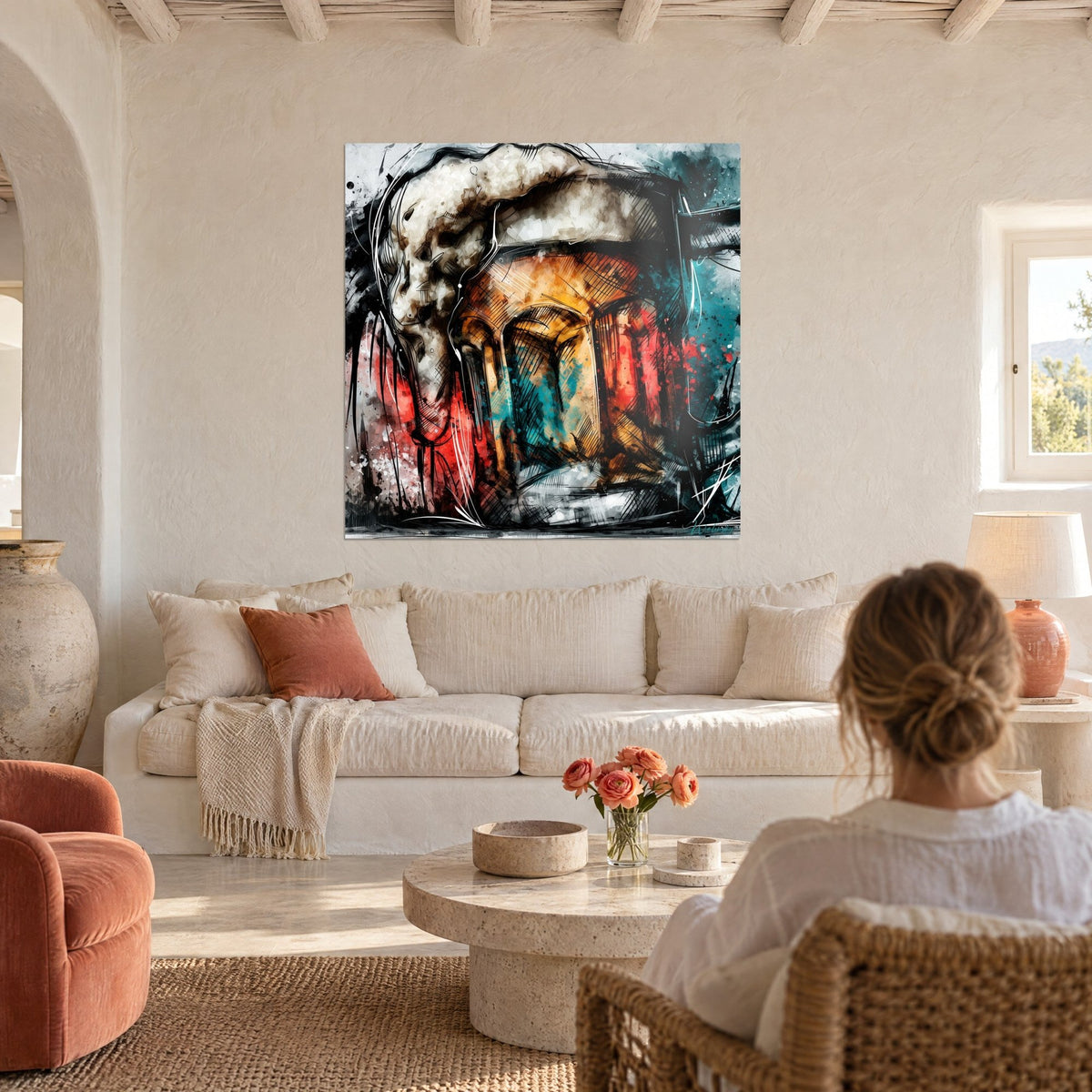 Wall art amber beer mug with creamy foam, red splashes and scratched black lines, above a sofa in a bright living room