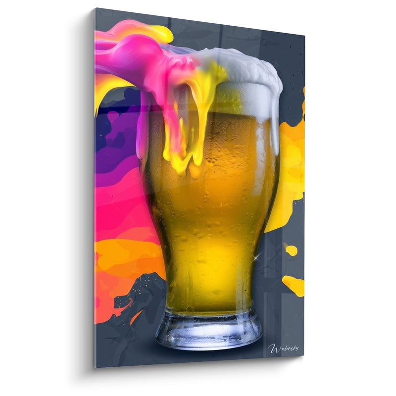 Tableau Verre doré et rose peinture dégoulinante - Éclaboussures fluorescentes fond anthracite - Edition Bière