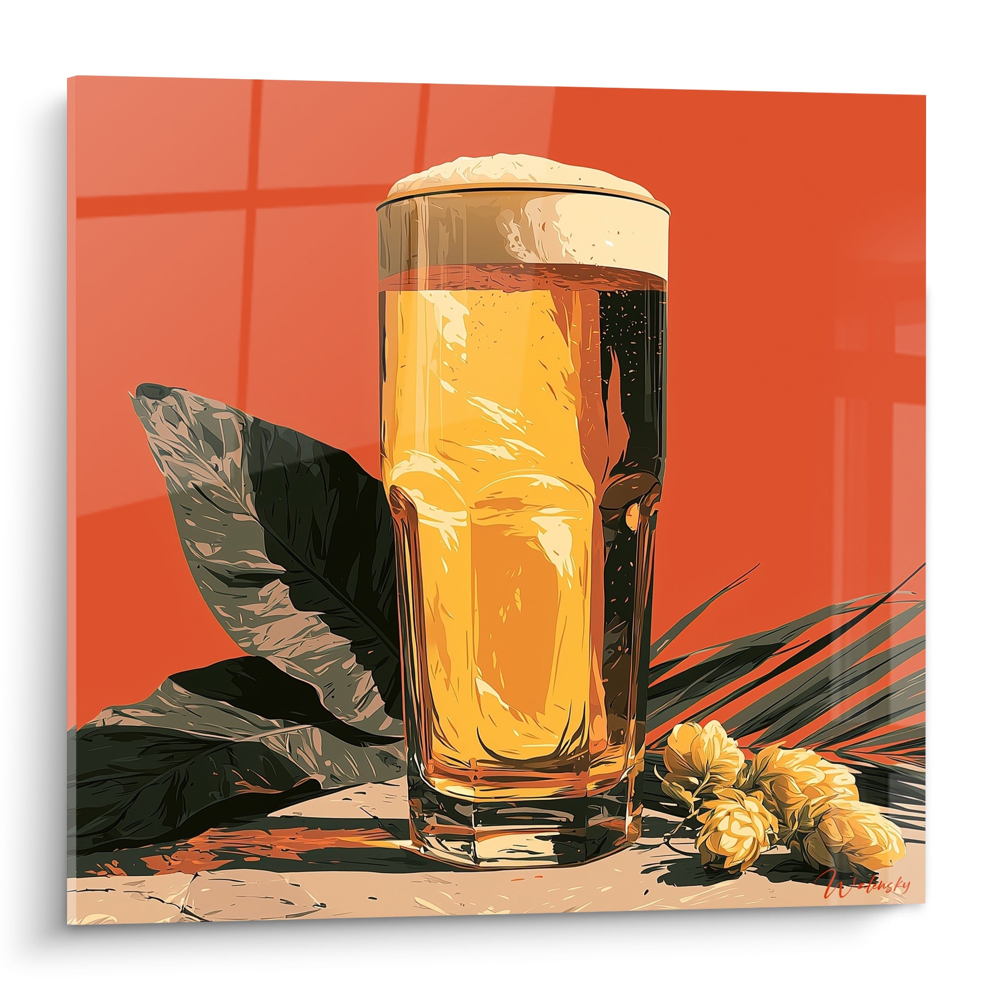 Verre de bière dorée à mousse blanche sur fond corail vif, style graphique illustré