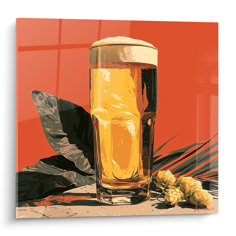 Tableau Verre doré mousse blanche fond corail - Pause estivale - Edition Bière