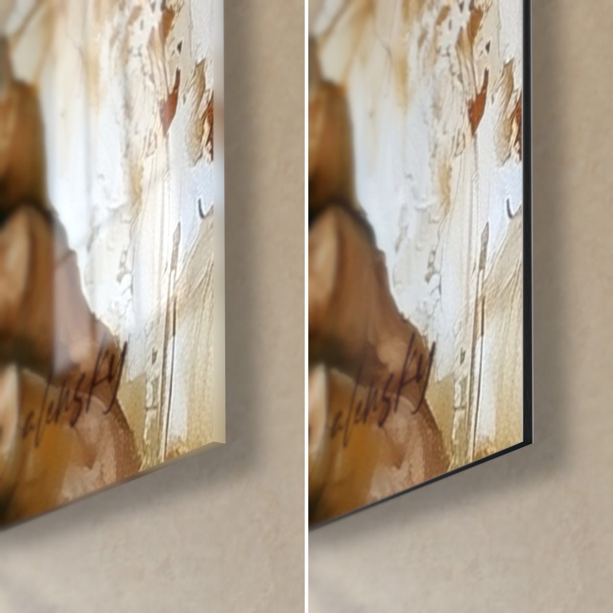 Cuadro pelirroja bebiendo en pintura gruesa, borde negro de 3 mm, vidrio brillante y Dibond mate, firmado abajo a la derecha