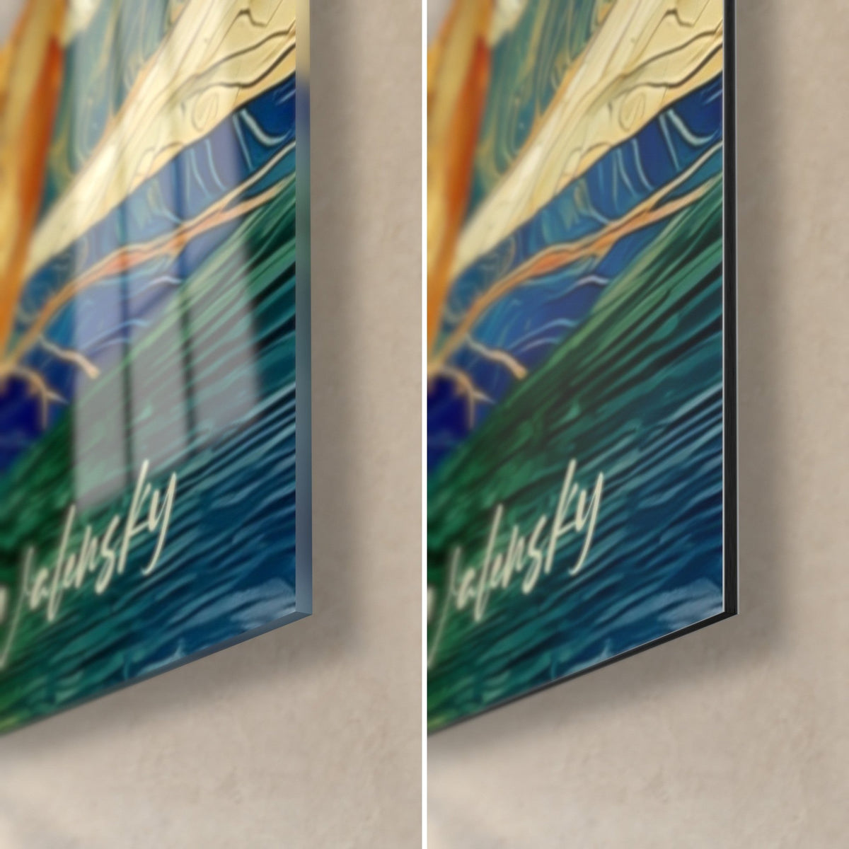 Tableau chopes de bière aux reflets d'or et vagues cobalt, coin bas droit : verre acrylique brillant, alu Dibond mat, tranche 3 mm