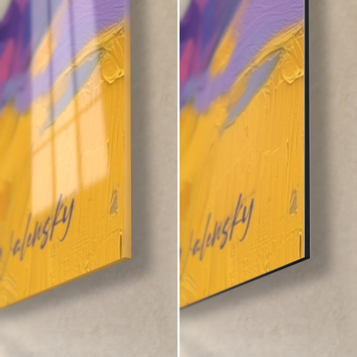 Schilderij gouden bierglazen, rechtsonder: felgele en paarse impasto, weerspiegelingen op acrylglas, zwarte Dibond-rand