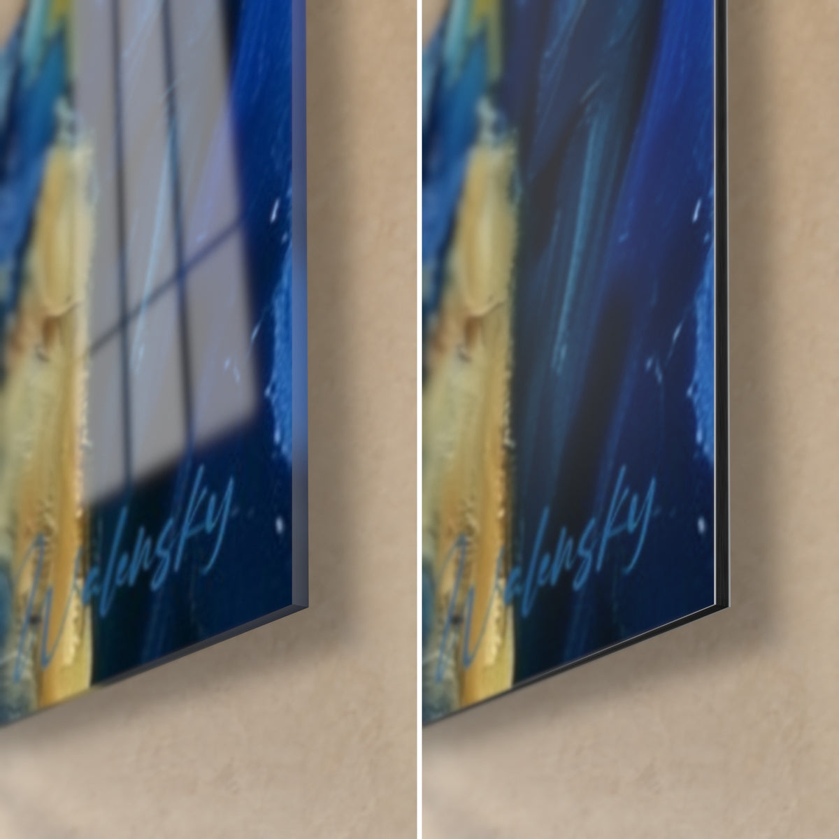 Quadro di un ritratto dipinto a pennellate dense, angolo in basso a destra: vetro acrilico lucido che riflette la finestra, Dibond opaco blu e oro