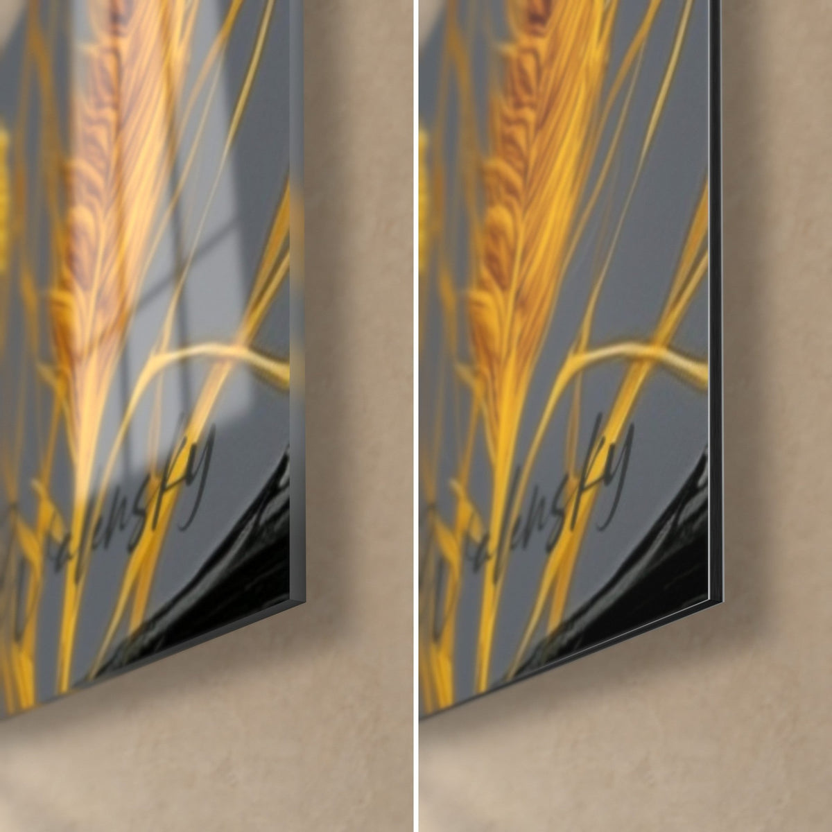 Quadro Birra dorata e spighe di grano su fondo antracite, angolo in basso a destra: acrilico lucido a sinistra, Dibond opaco a destra
