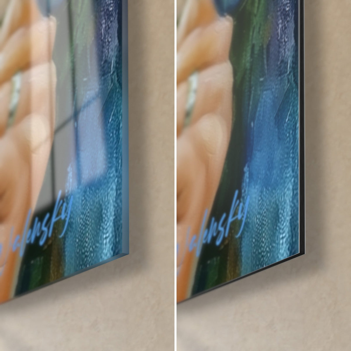 Gemälde Frauenporträt im königsblauen Kleid, Detail des glänzenden Acrylglases und des matten Dibond-Aluminiums, 3 mm Kante