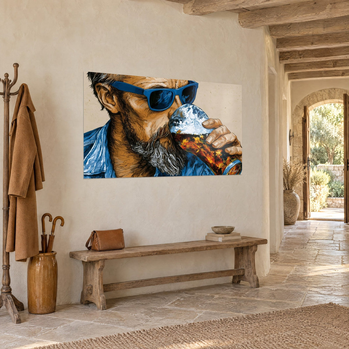 Gemälde kräftiger Mann mit grauem Bart beim Anstoßen, blau und orange gefrostetes Glas, neben einem Steinbogen in einem Flur aufgehängt