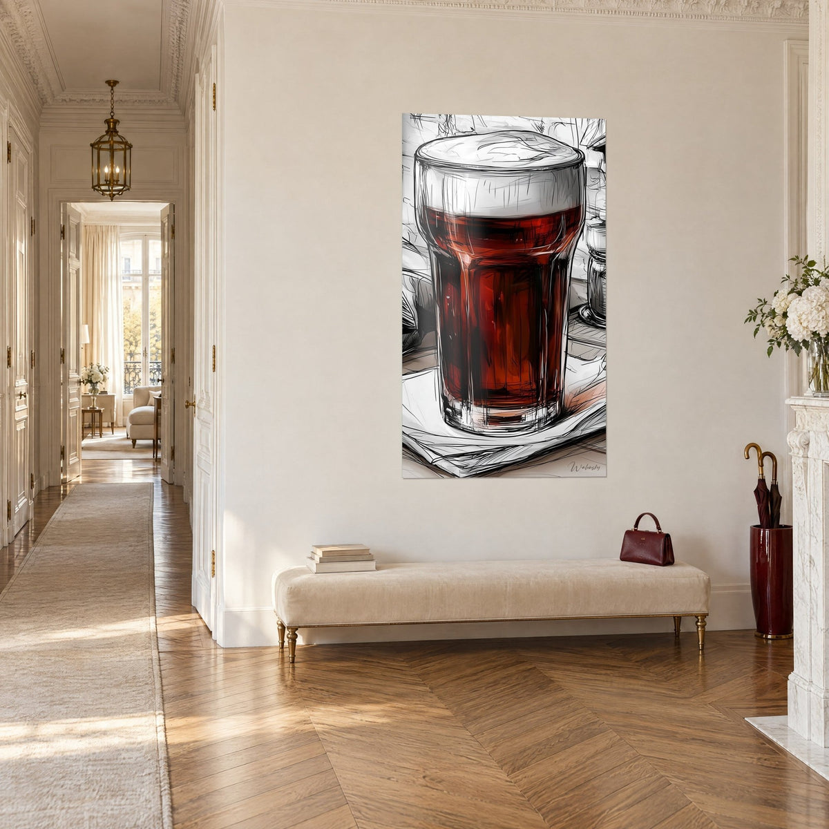 Wall art amber beer mug topped with white foam, black sketch, burgundy red, resting on a napkin, Haussmann-style hallway with a beige bench