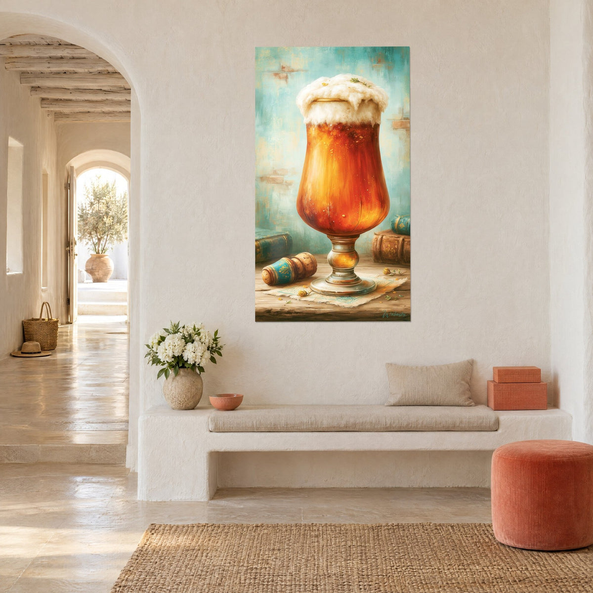 Gemälde Tulpenglas voller kupferfarbenem Bier, überquellender weißer Schaum und alte Bücher, Dreiviertelansicht, weiße Sitzbank in einer Nische