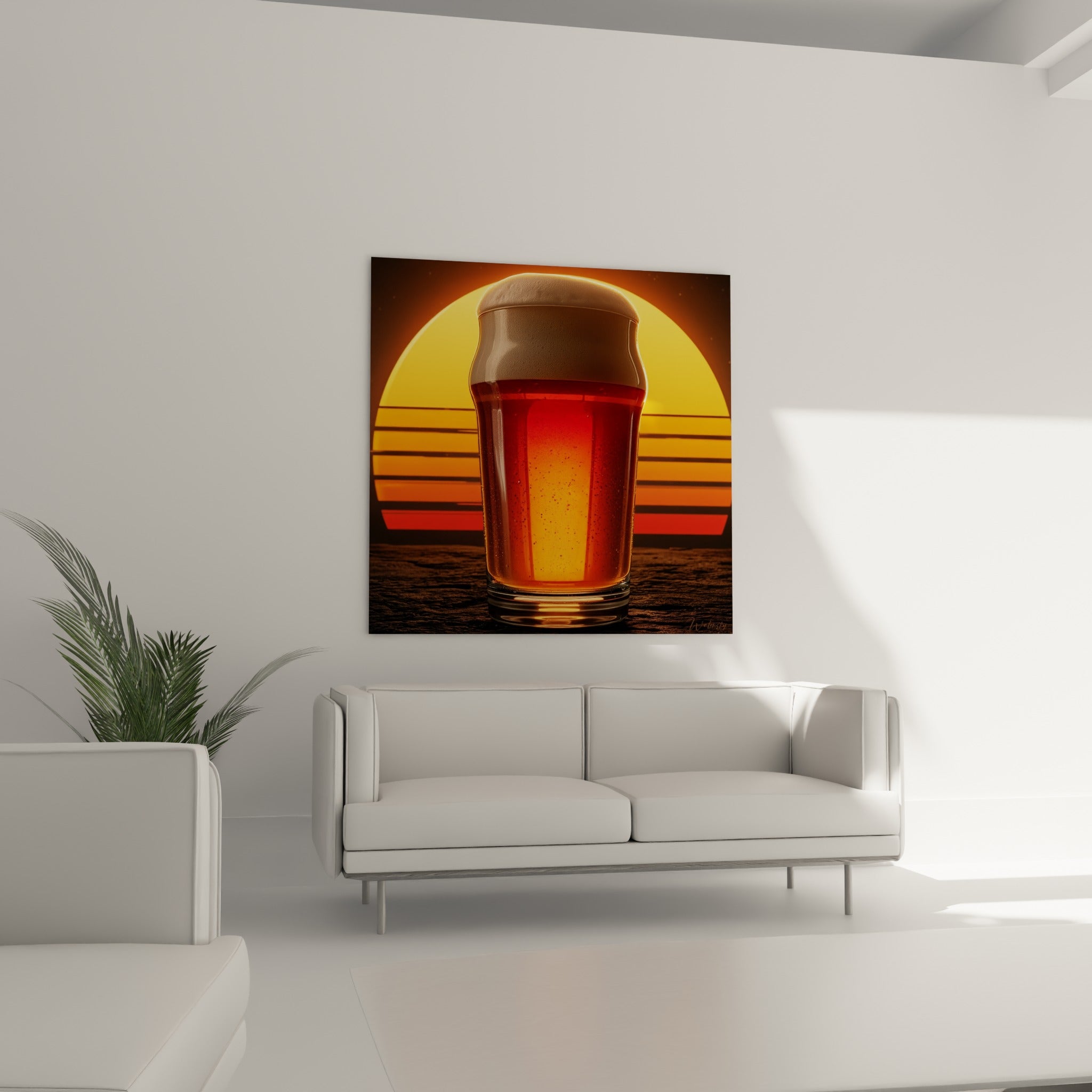 Bière ambrée et rayures noires orangées, accrochée au-dessus d'un canapé dans un salon lumineux
